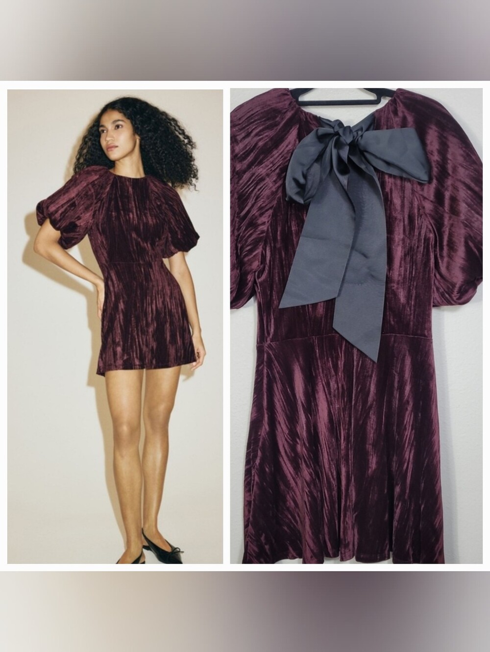 NWT H&M Burgundy Velvet Mini Dress Size Small Balloon Sleeve Bow Back Holiday